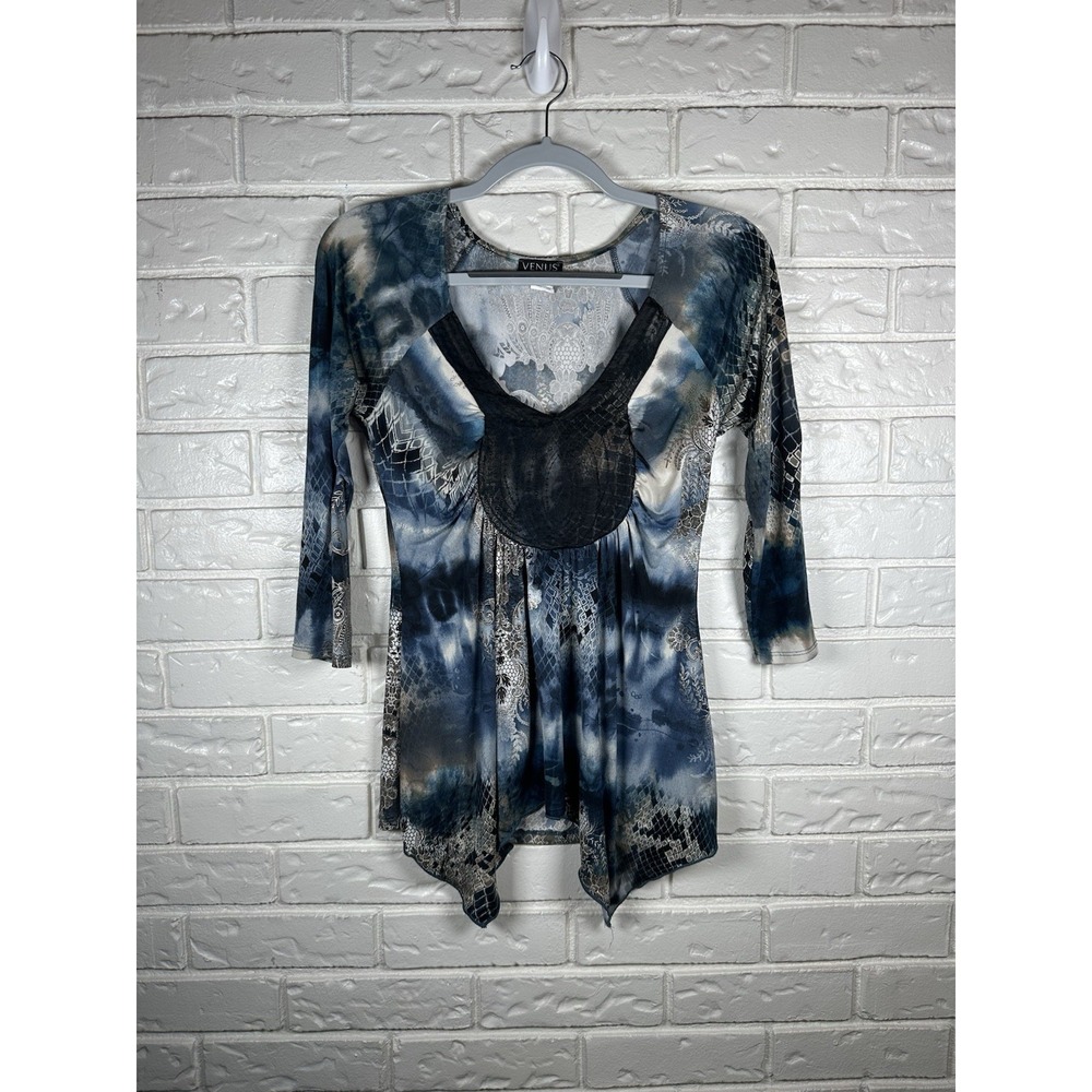 Vintage Venus Sโ Blue Mesh Handkerchief Hem Y2K Boho Goth Tunic Top Made In USA